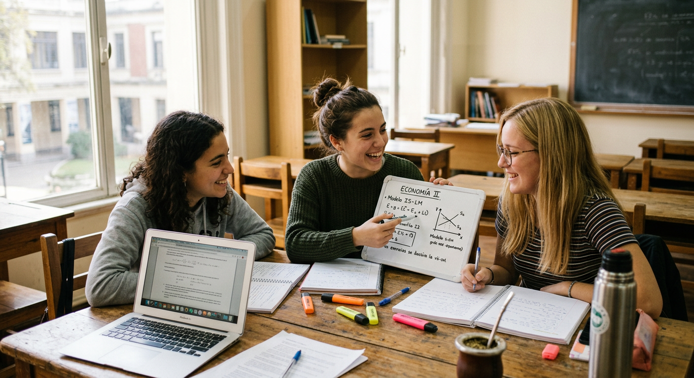 Estudiantes repasando en una mesa de estudio
